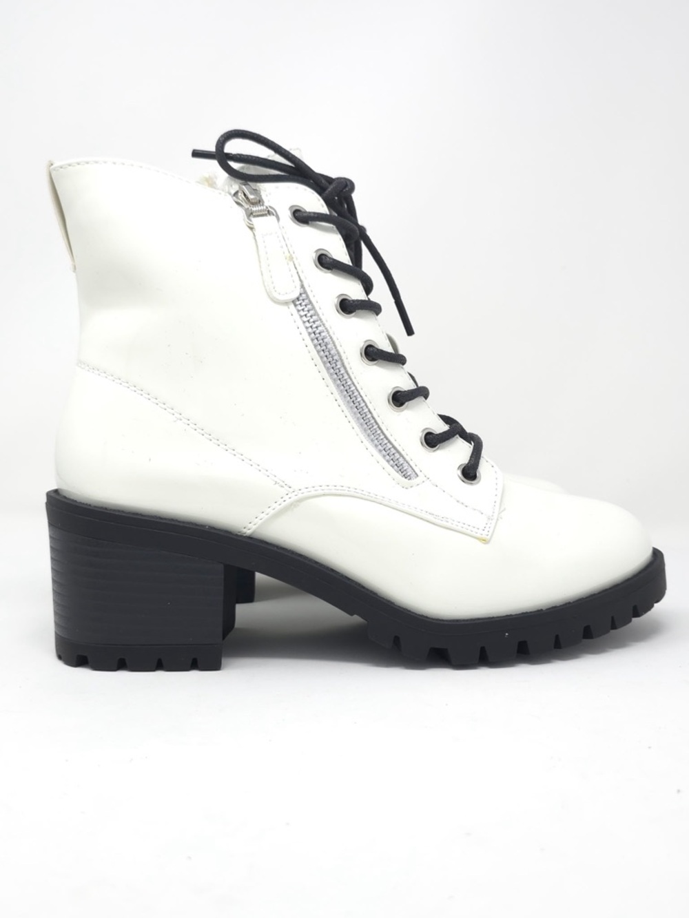 Combat Boots Chunky Heel Lace Up Side Zipper Faux Leather White Pat Ankle Boot - Picture 3 of 12
